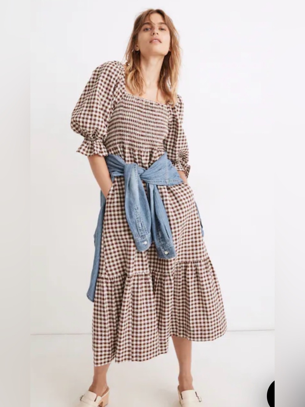 Madewell, XXS, Lucie elbow-sleeve smocked midi dress in rich brown gingham